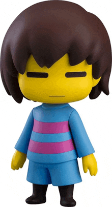 a yellow figure with brown hair and a blue shirt