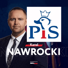 a man in a suit and tie is standing in front of a political logo for pis