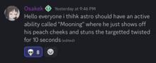 a screenshot of a conversation between osakek and astro at 9:46 pm