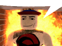 a cartoon character with a speech bubble above his head is surrounded by flames