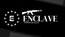 a black and white logo for enclave with a gun and stars