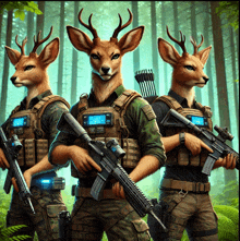 three soldiers with deer heads holding guns and a bow and arrow