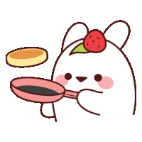 a cartoon of a bunny with a strawberry on its head holding a pan