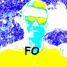 a man wearing sunglasses and a yellow shirt with the word fo written on it