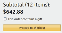 a screenshot of a checkout page that says subtotal ( 12 items ) $ 642.86 and proceed to checkout