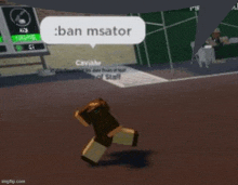 a minecraft character is running on a field with a speech bubble that says ban msator .