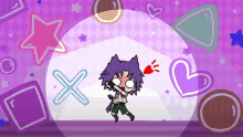 a cartoon character with purple hair is standing in front of an x and a heart