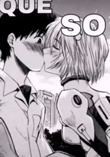 a black and white drawing of a boy and a girl kissing .