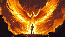 a man is standing in front of a phoenix that is on fire