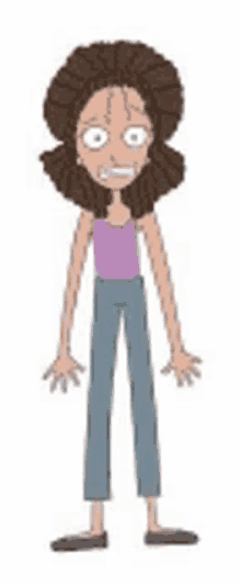 a cartoon woman with brown hair is standing with her hands outstretched and a surprised look on her face .