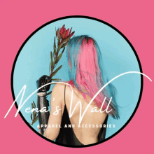 a woman with pink and blue hair is holding a flower in a circle that says kena 's wall