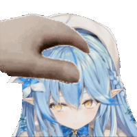 a hand is touching the head of a girl with blue hair and yellow eyes