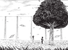 a black and white drawing of two people standing in front of a tree .