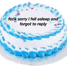 a blue and white birthday cake with the words `` fuck sorry i fell asleep and forgot to reply '' written on it .