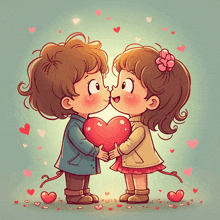 a boy and a girl are kissing while holding a heart in their hands