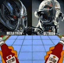 two bottles of ketchup are being held in front of two pictures of a robot .