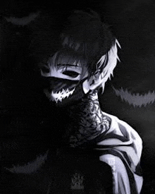 a black and white drawing of a boy wearing a mask and a tattoo on his neck .