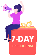 a woman is sitting on a gift box holding a megaphone and a 7 day free license sign .