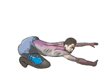 a drawing of a man in blue shorts kneeling down