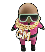 a cartoon character wearing sunglasses and a chain around his neck with the letter gm on it