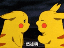 two pikachu are looking at each other with chinese writing on the bottom