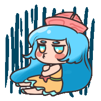 a cartoon drawing of a girl with long blue hair