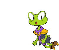 a cartoon frog wearing a purple and yellow outfit