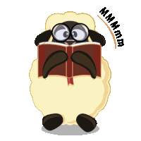 a cartoon sheep is reading a book with a magnifying glass