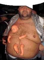 a man with a beard is holding a baby doll on his belly