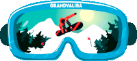 a snowboarder is flying through the air in front of a pair of grandvalira goggles