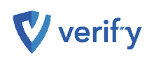 a blue verify logo with a blue shield on a white background