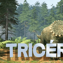 a picture of a triceratops in a forest with the word triceratops behind it