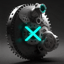 a gear with a blue x in the middle of it