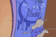 a cartoon character is standing in a doorway and looking out