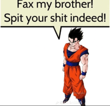 a picture of a dragon ball z character with a speech bubble that says fax my brother spit your shit indeed