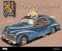 a woman is sitting on the roof of a blue peugeot 203 car .