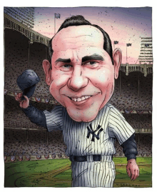 a caricature of a man wearing a ny yankees jersey