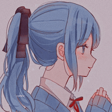 a drawing of a girl with blue hair and a ponytail has the name confeth on the bottom right