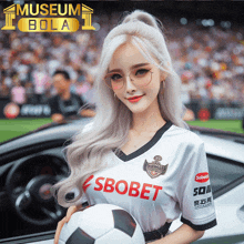 a woman wearing a soccer jersey that says sbobet