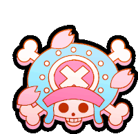 a cartoon drawing of a skull and crossbones with a pink hat