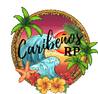 a logo for caribeños rp with palm trees flowers and waves