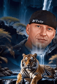 a painting of a man and a tiger with the name dj lucky on the hat