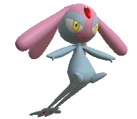 a blue and pink cartoon character with yellow eyes and a red jewel on its head