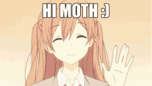 a girl with pigtails is smiling and waving with the words hi moth below her