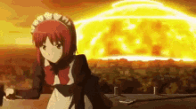 a girl in a maid outfit is standing in front of a nuclear explosion .