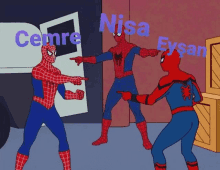 a cartoon of three spider-man pointing at each other with the word nisa behind them