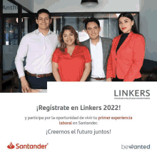 a group of people standing in front of a sign that says linkers