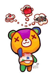 a drawing of a teddy bear with speech bubbles that say apple cake and fish .