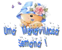 a teddy bear wearing a blue hat with flowers on it and the words uma maravilhosa semana