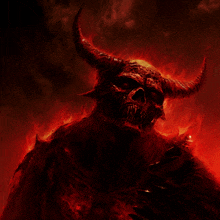 a demon with horns and a skull is surrounded by fire